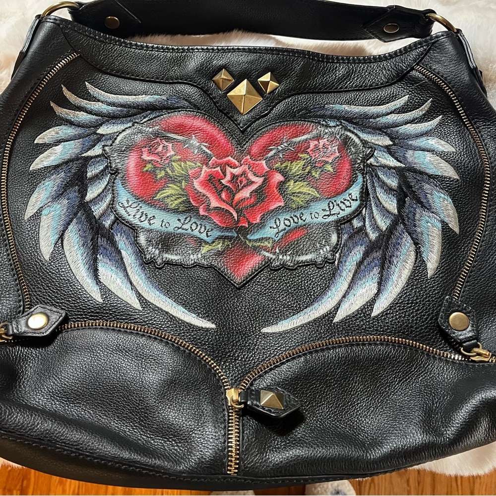 Isabella Fiore Black Leather Bag with Heart and Wings Design